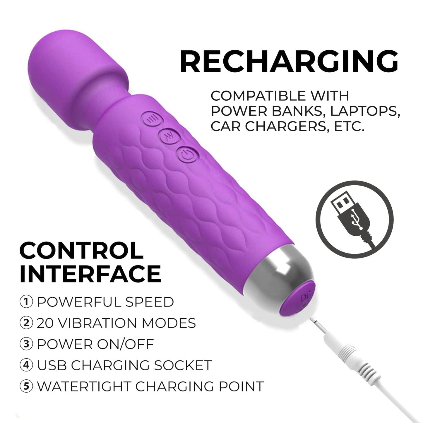 Cordless Handheld Wand with 20 Vibration Modes & 8 Speed Patterns 